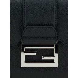 Baguette Double Black Crossbody Bag with FF Plaque on the Front in Hammered Leather Woman