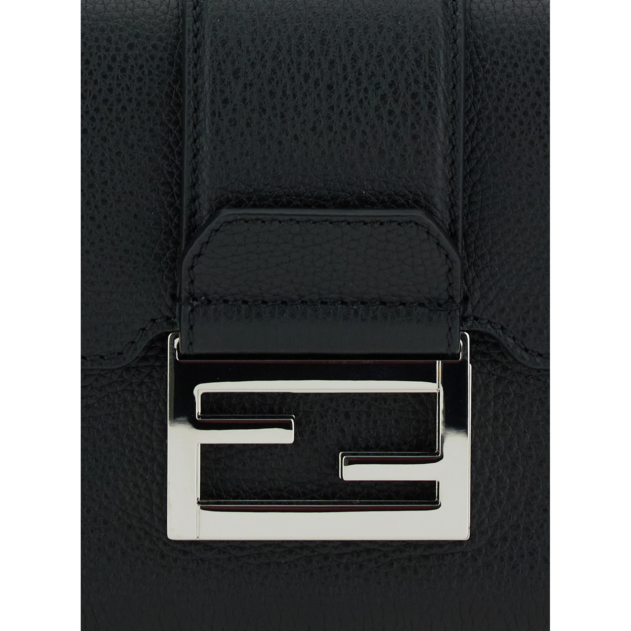 Baguette Double Black Crossbody Bag with FF Plaque on the Front in Hammered Leather Woman