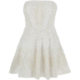 Clem White Dress with Flounce SKirt and All-Over Embroidery in Cotton and Linen Blend Woman