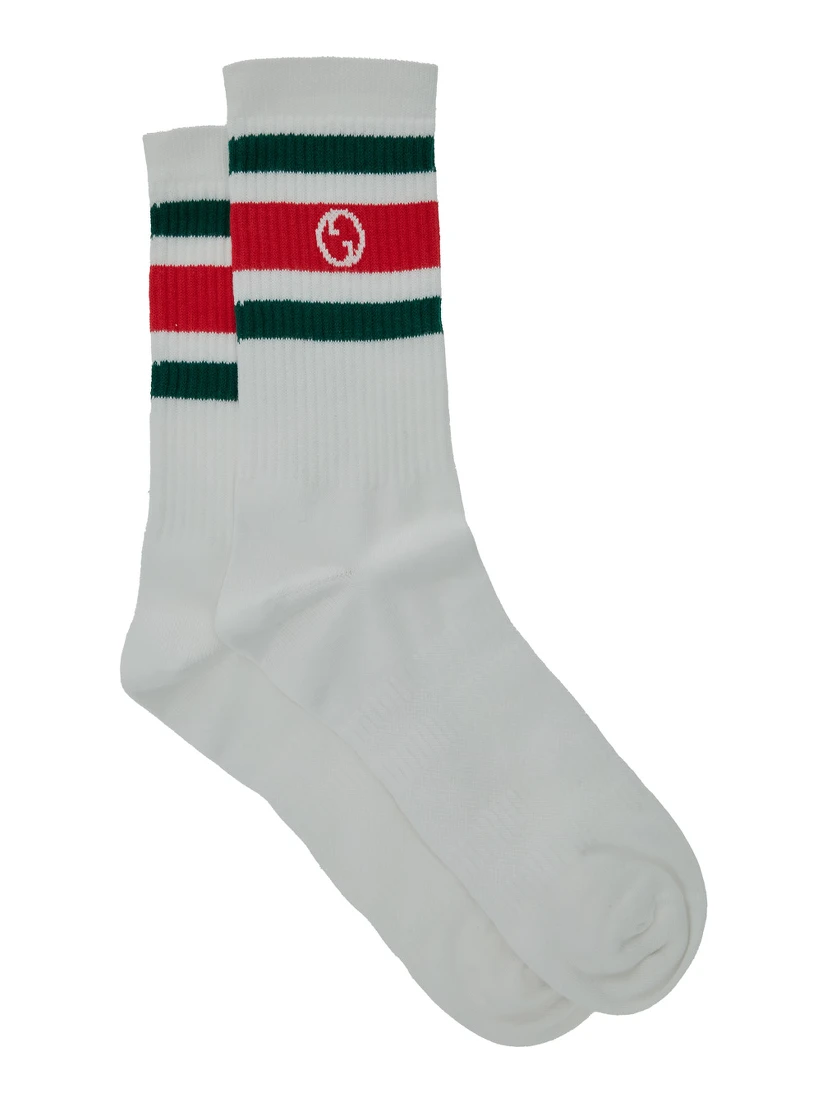 White Socks with Web Detail and Round Interlocking G in Jersey Man