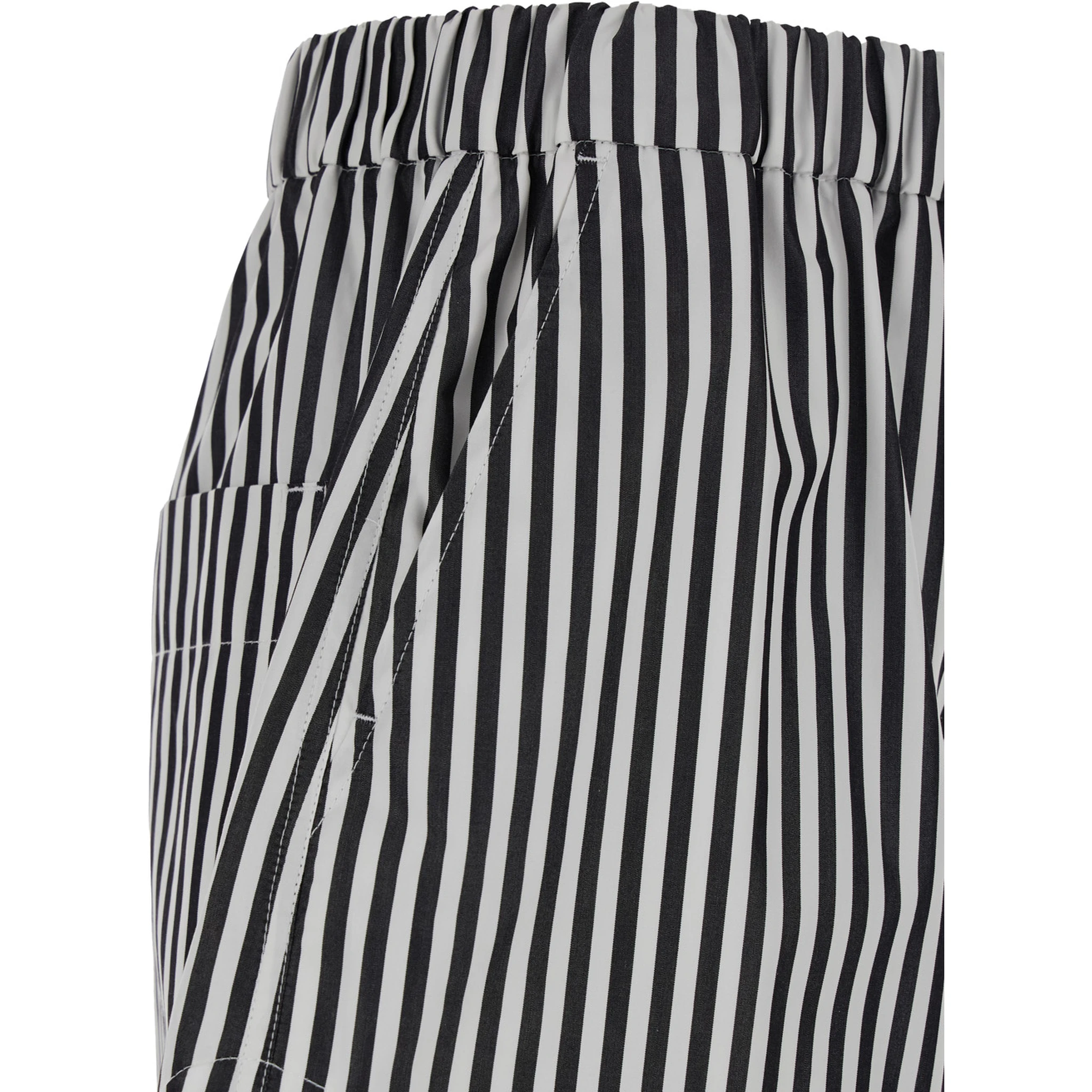 Black and White Shorts with All-Over Vertical Striped Motif in Fabric Woman