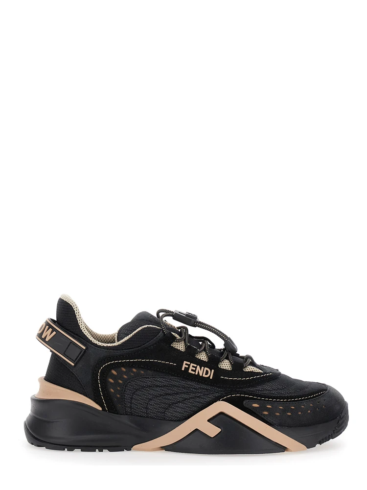 Fendi Flow Black Low Top Sneakers with Diagonal F Detail in Leather Woman
