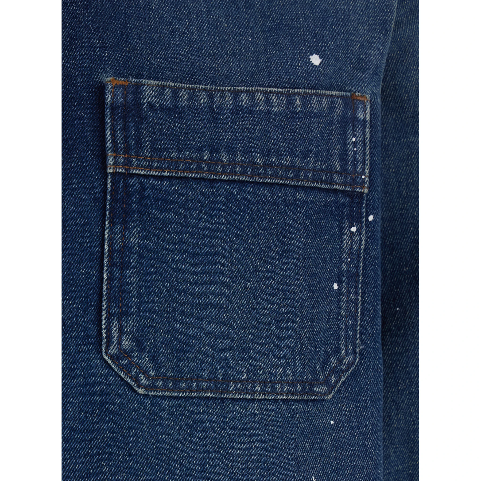 Basile Blue Shirt with Chest Pocket and All-Over Paint Effect in Cotton Man