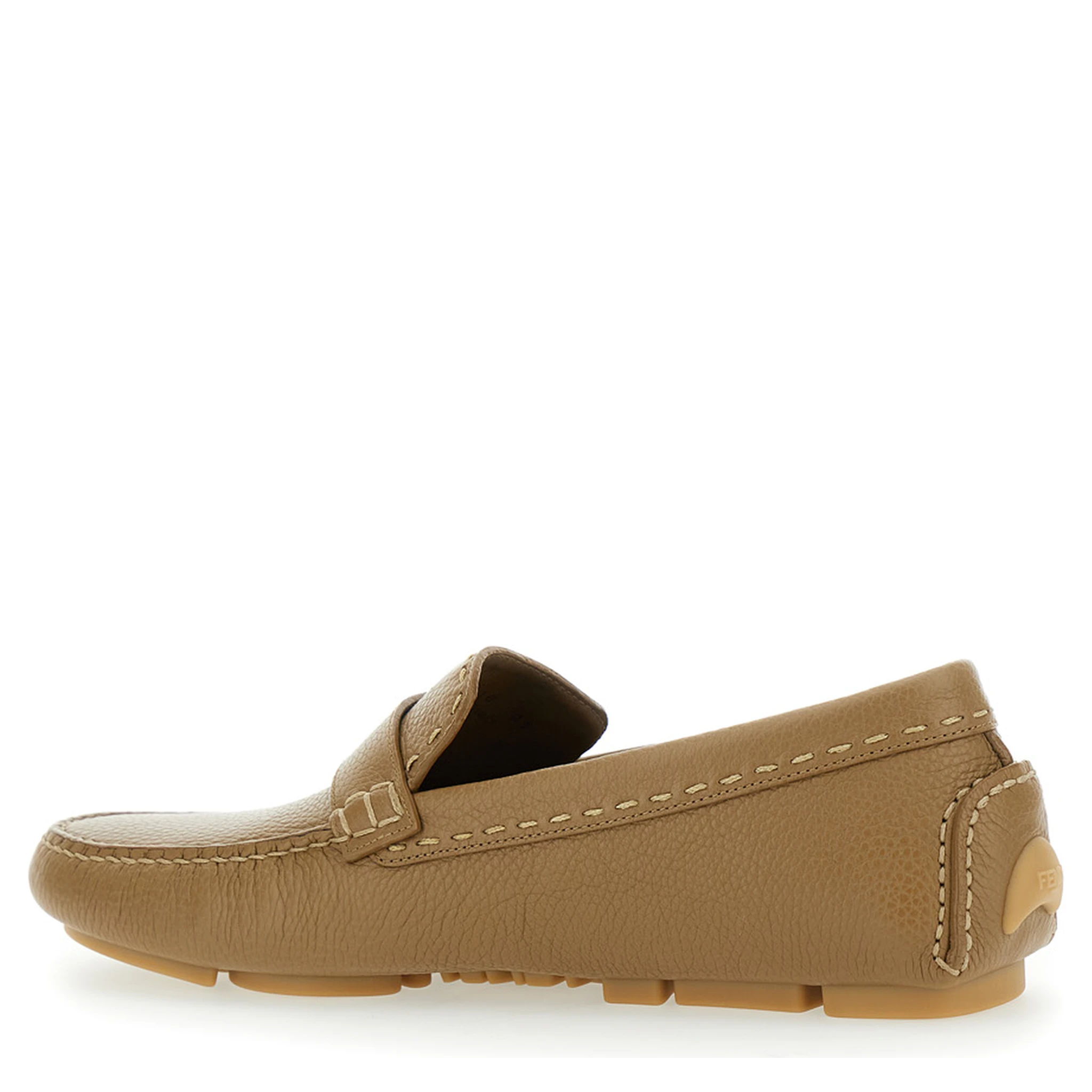 Driver Beige Loafers with Rubber Injected Sole and Metallic FF Plate in Hammered Leather Man