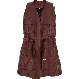 Bordeaux Vest with V Neck and Adjustable Belt in Leather Woman