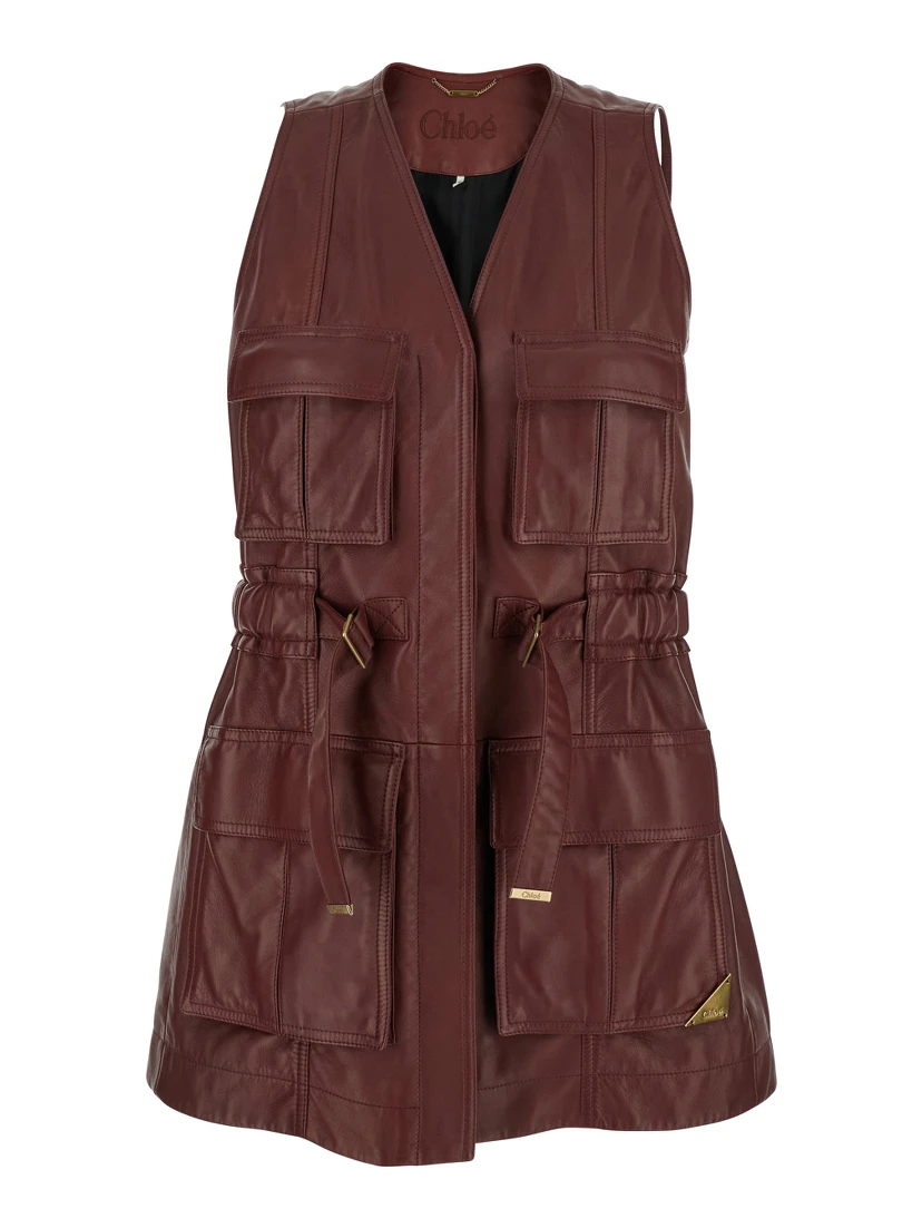 Bordeaux Vest with V Neck and Adjustable Belt in Leather Woman