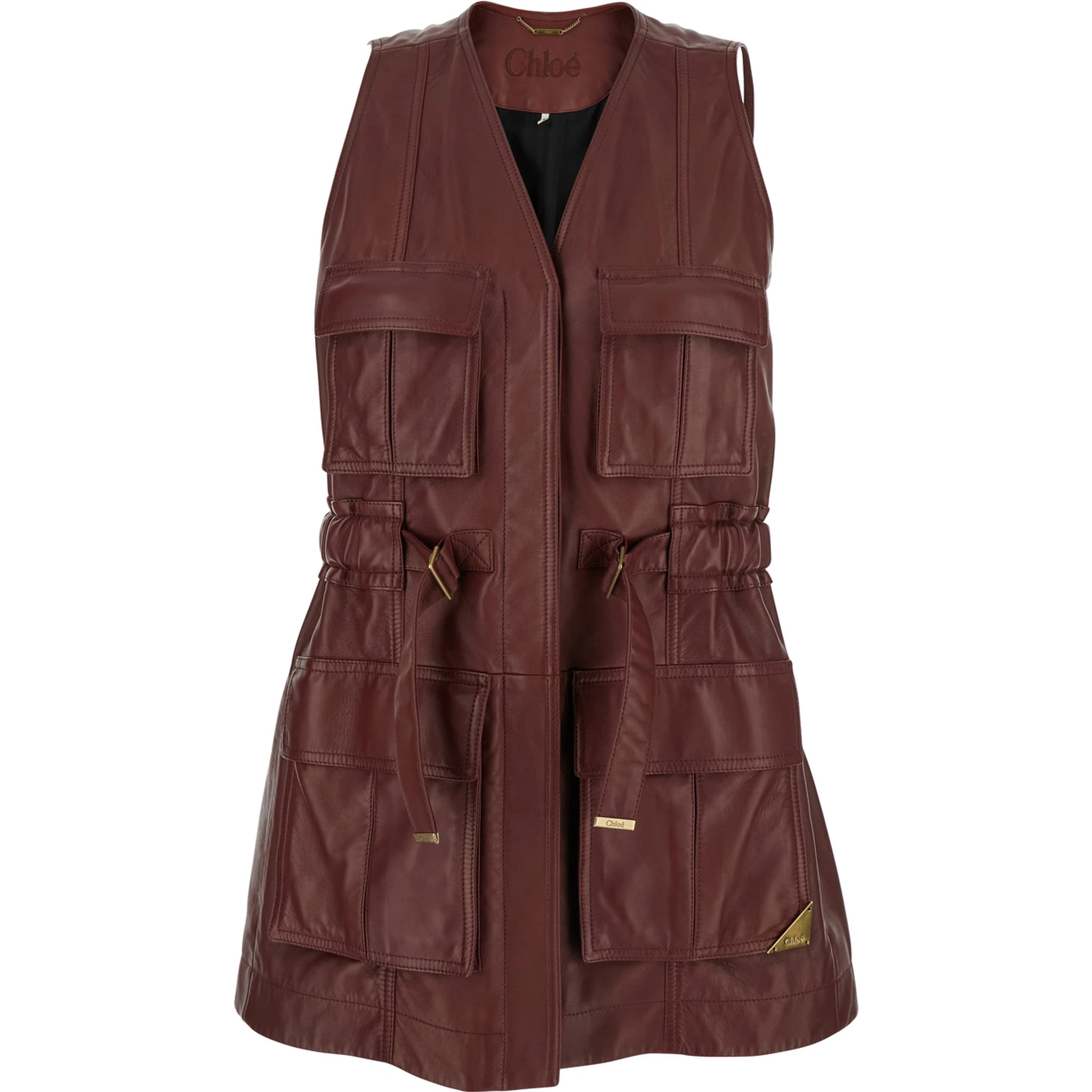 Bordeaux Vest with V Neck and Adjustable Belt in Leather Woman