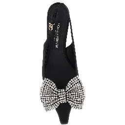Black Slingback Pumps with Rhinestone Bow Detail in Silk Blend Woman