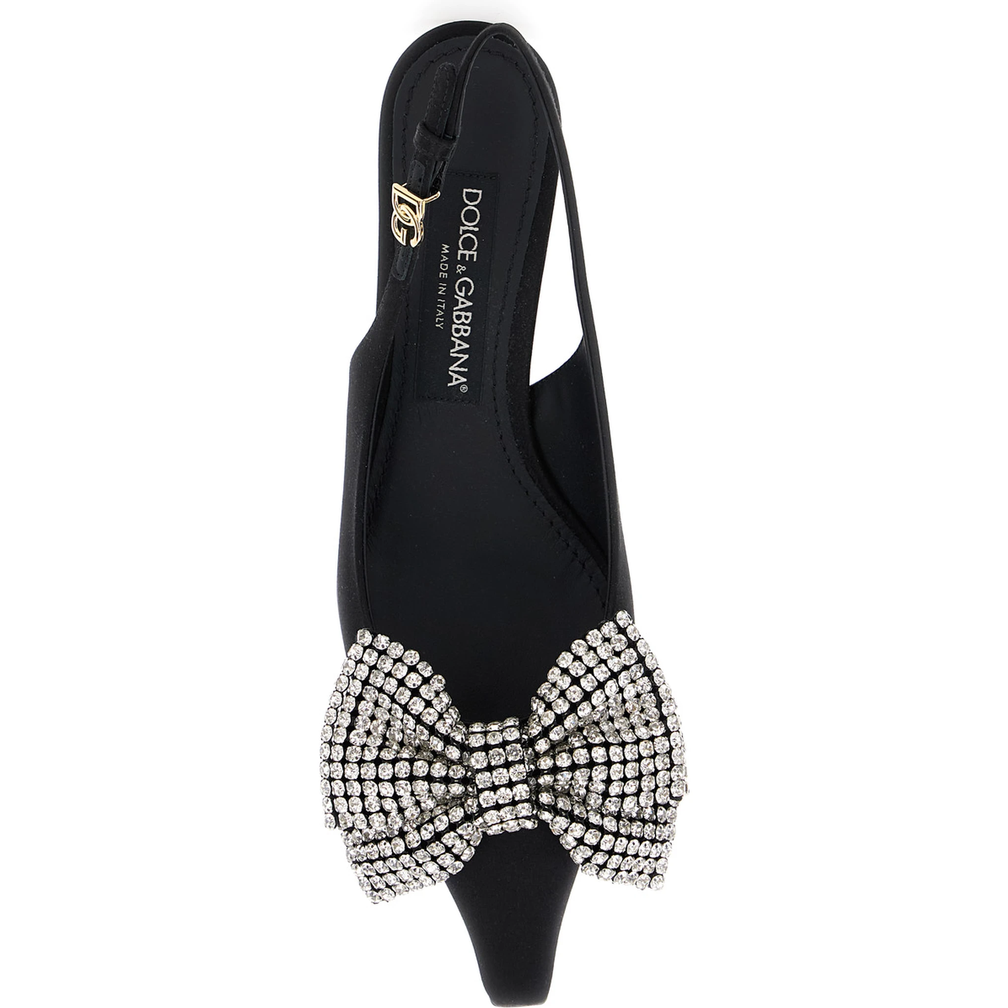 Black Slingback Pumps with Rhinestone Bow Detail in Silk Blend Woman