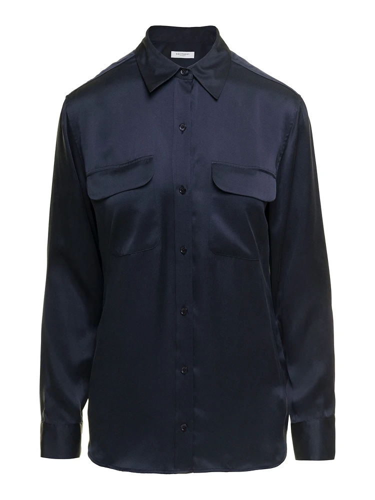 Signature Navy Blue Long Sleeves Shirt in Silk Woman Equipment