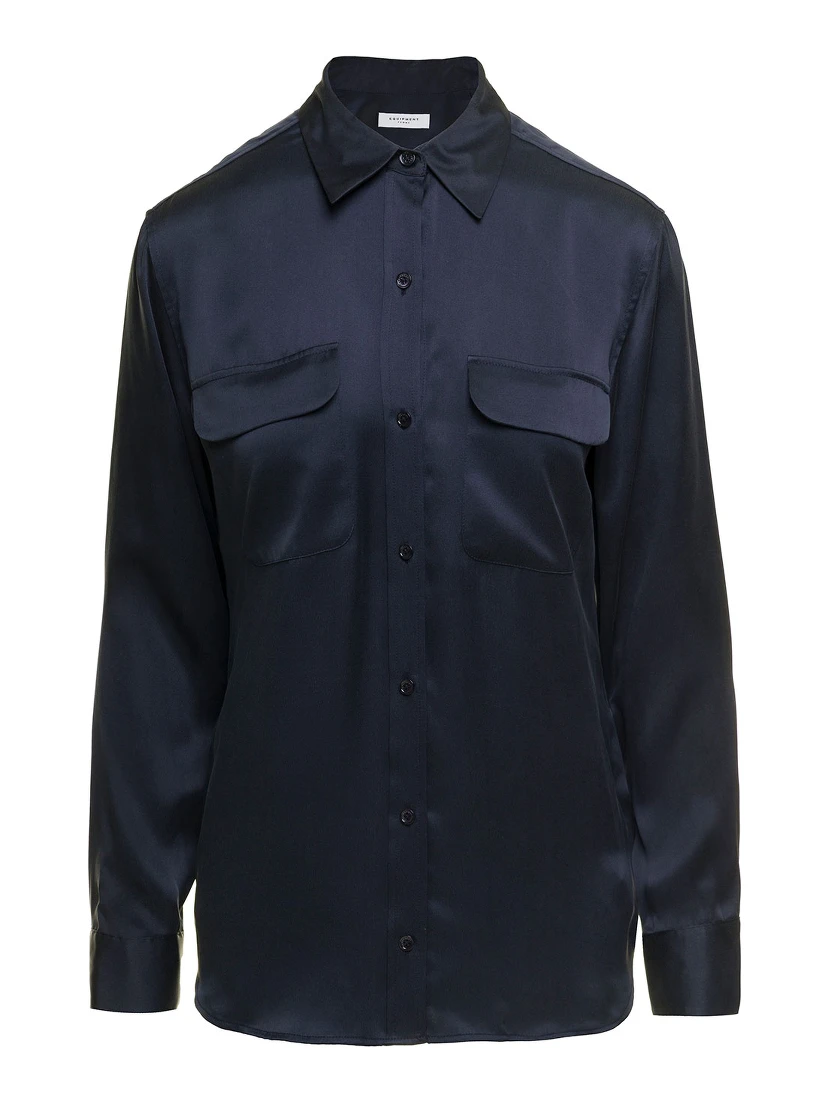 Signature Navy Blue Long Sleeves Shirt in Silk Woman Equipment