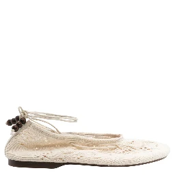 Rosemary White Ballet Flats with Embroidered Design Ankle Knot Closure in Cotton Crochet Woman