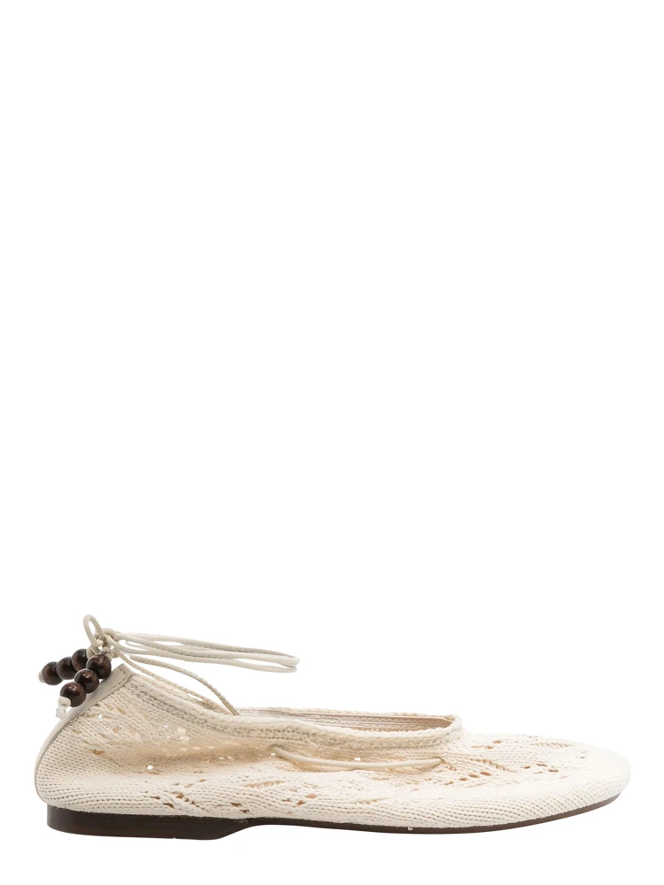Rosemary White Ballet Flats with Embroidered Design Ankle Knot Closure in Cotton Crochet Woman