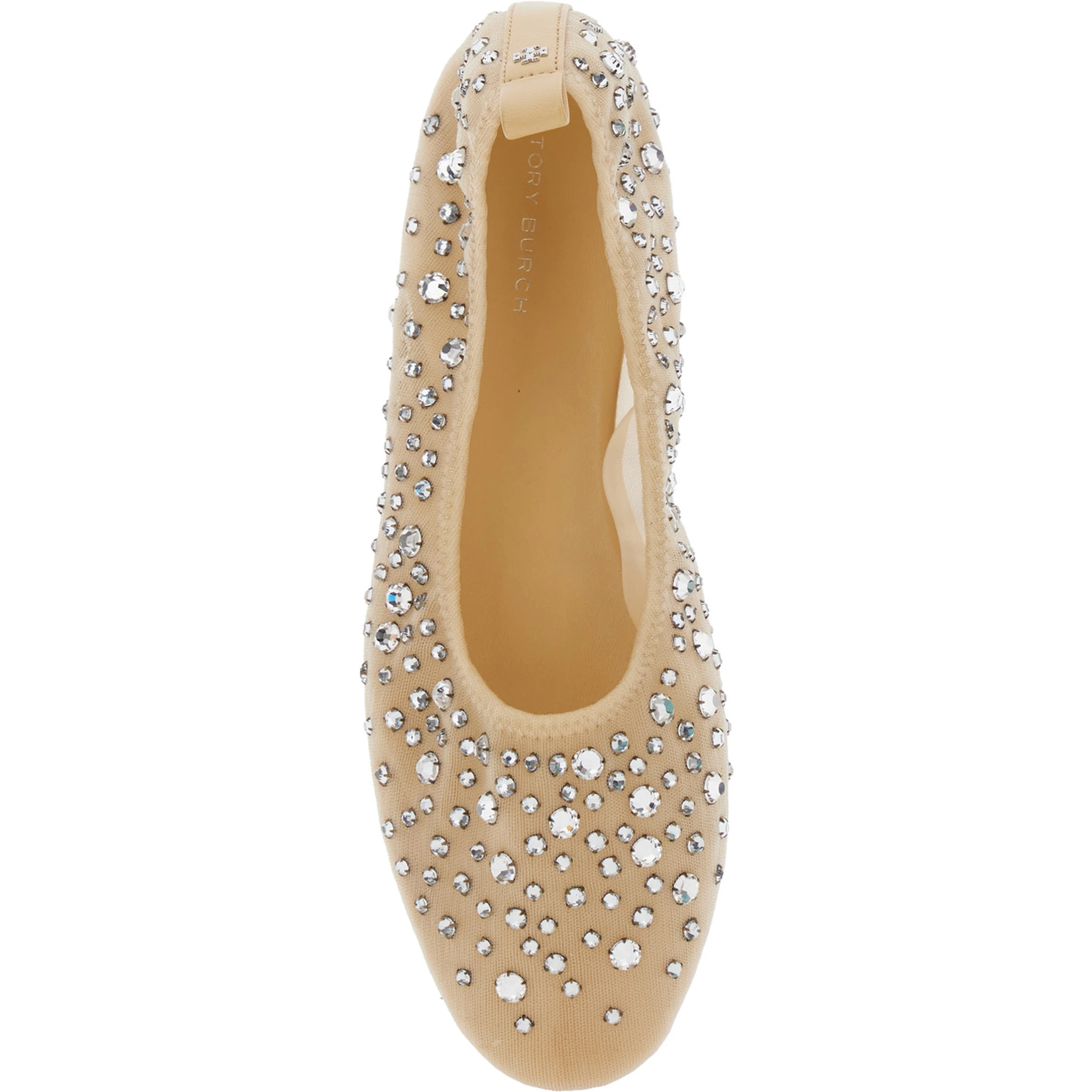 Beige Ballet Flats with All-Over Crystals Application in Tech Fabric Woman