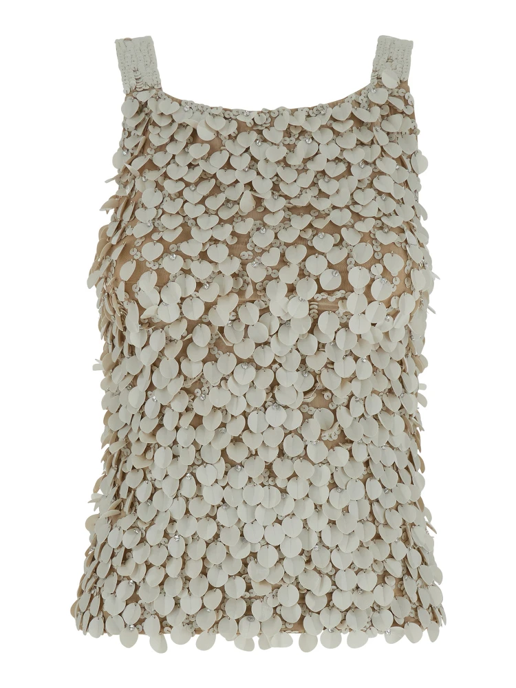 Beige Sleeveless Rhinestoned Top in Tech Fabric Stretch Woman