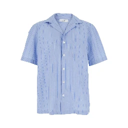 Blue Shirt with All-Over Striped Motif and Cuban Collar in Cotton Man