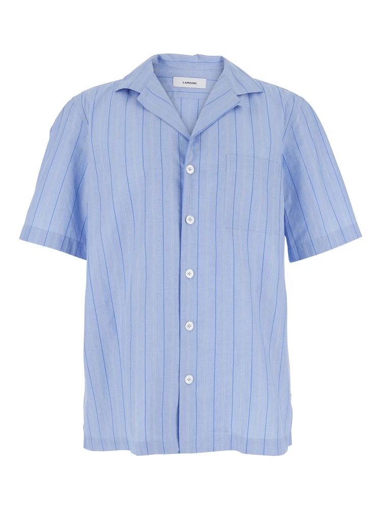Blue Shirt with All-Over Striped Motif and Cuban Collar in Cotton Man
