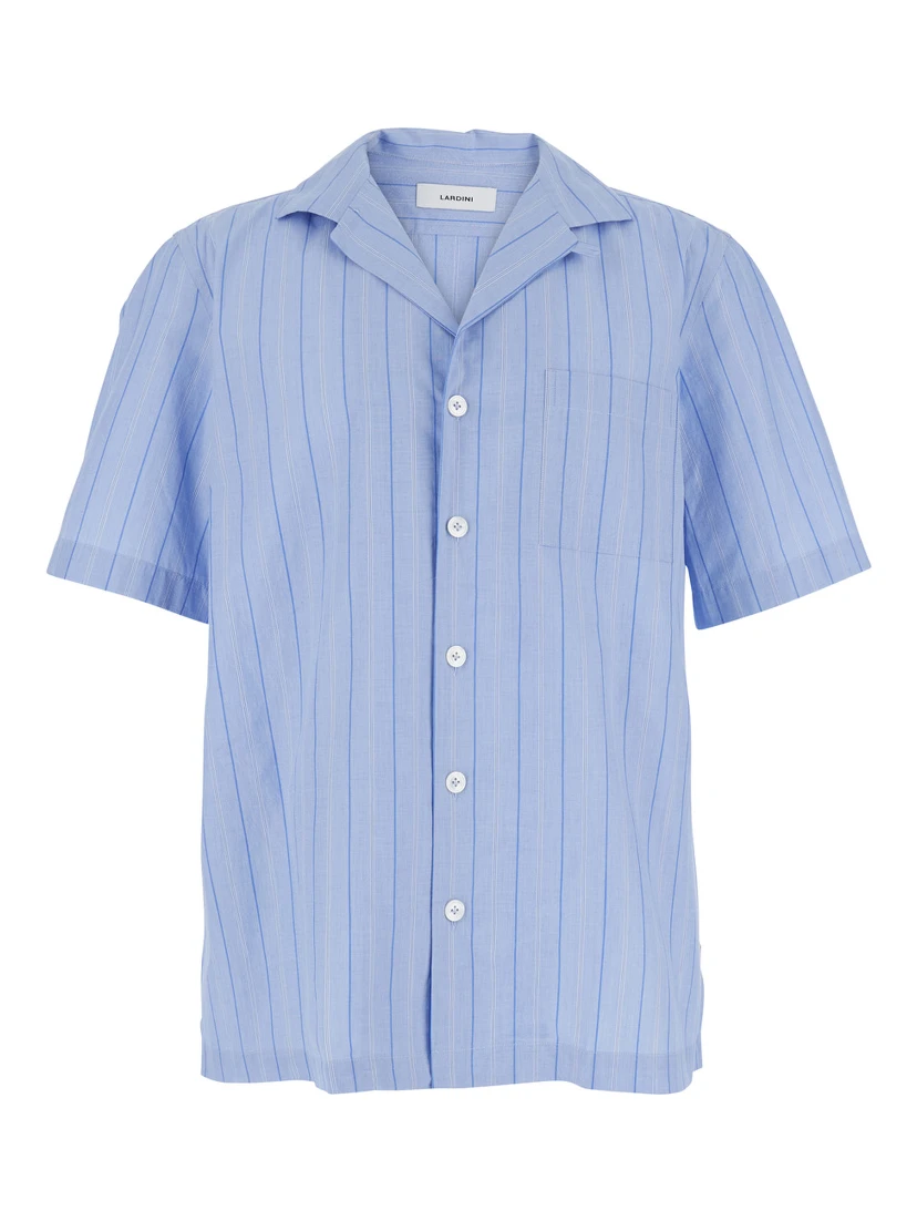 Blue Shirt with All-Over Striped Motif and Cuban Collar in Cotton Man