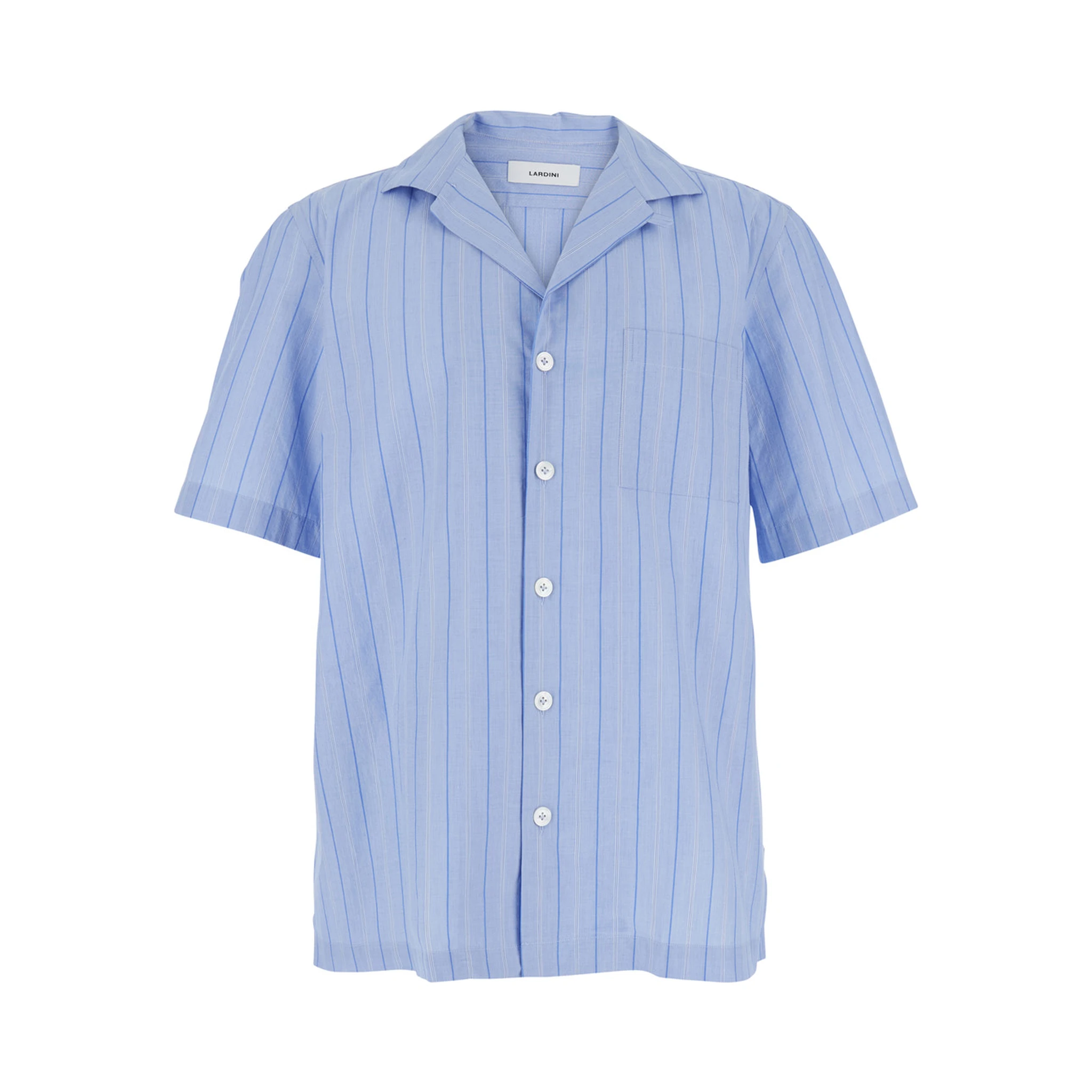 Blue Shirt with All-Over Striped Motif and Cuban Collar in Cotton Man