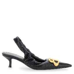 Monaco Black Slingback Pumps with Logo Plaque on the Front and Low Stiletto Heel in Leather Woman