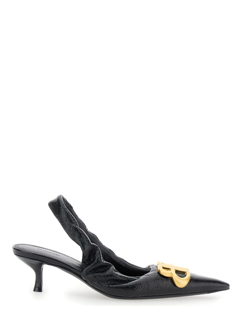 Monaco Black Slingback Pumps with Logo Plaque on the Front and Low Stiletto Heel in Leather Woman