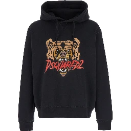 Black Hoodie with Drawstring Hood and Maxi Logo Print on the Front in Cotton Man