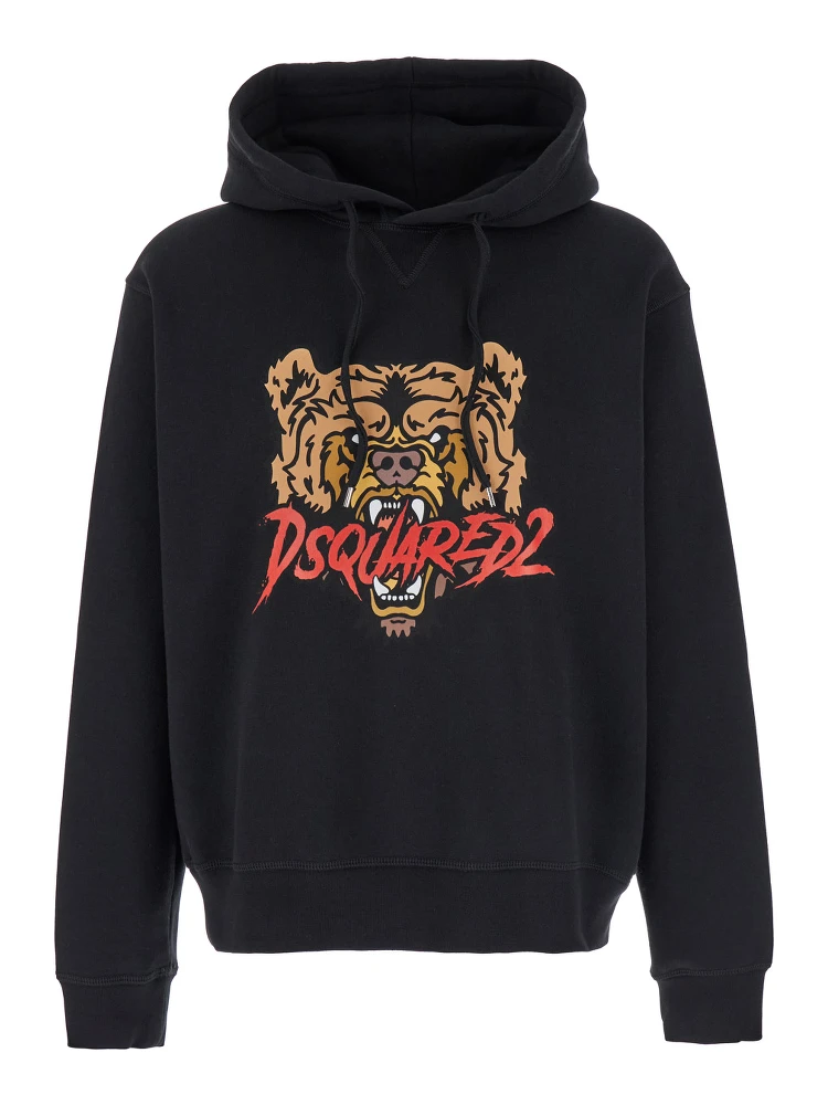 Black Hoodie with Drawstring Hood and Maxi Logo Print on the Front in Cotton Man