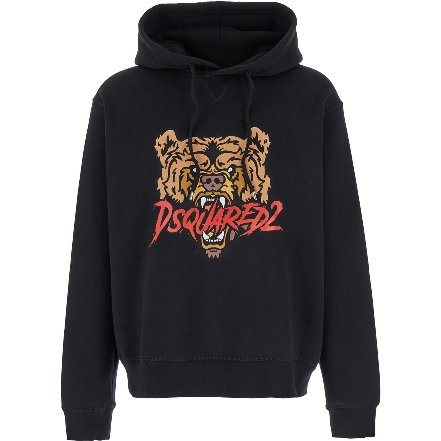 Black Hoodie with Drawstring Hood and Maxi Logo Print on the Front in Cotton Man