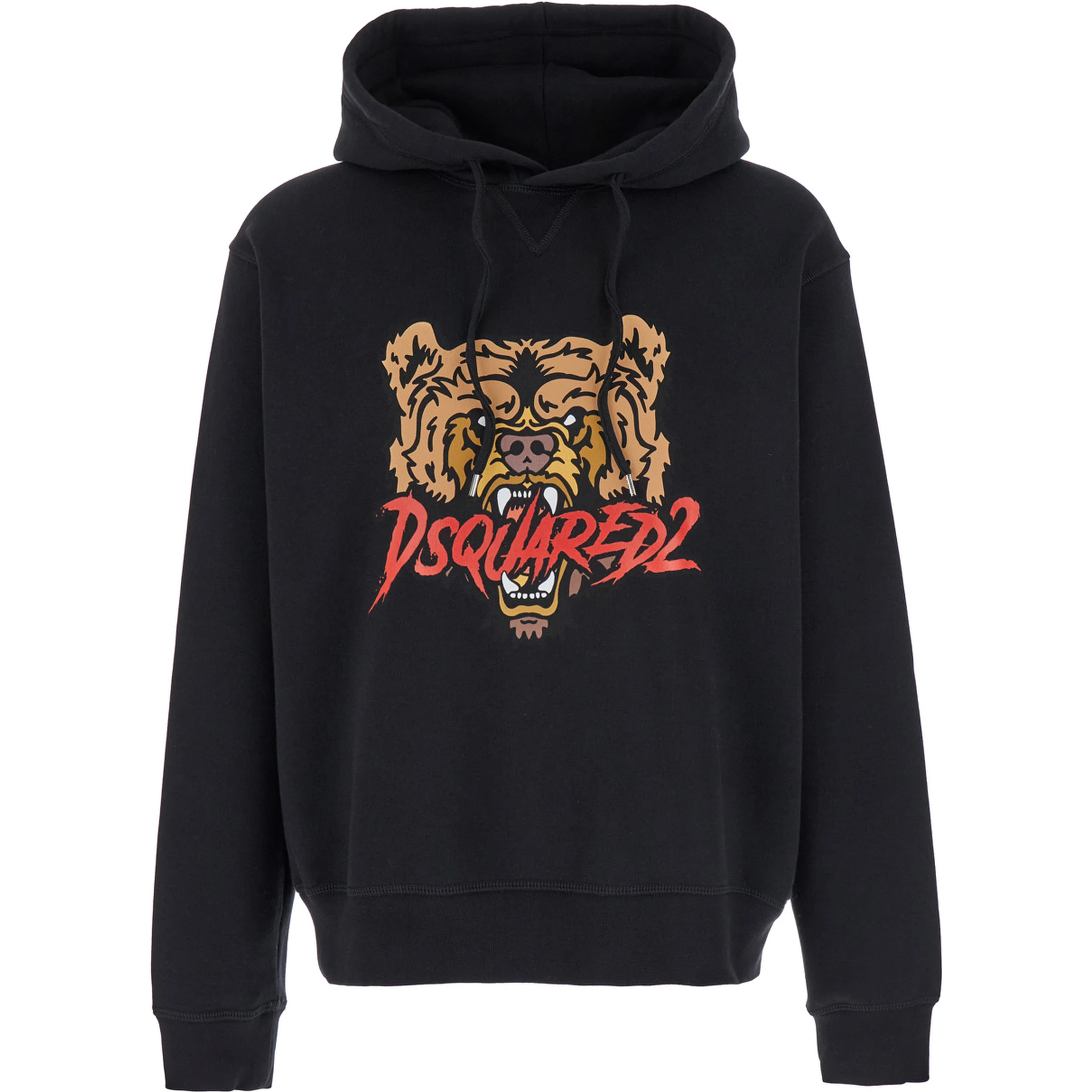 Black Hoodie with Drawstring Hood and Maxi Logo Print on the Front in Cotton Man