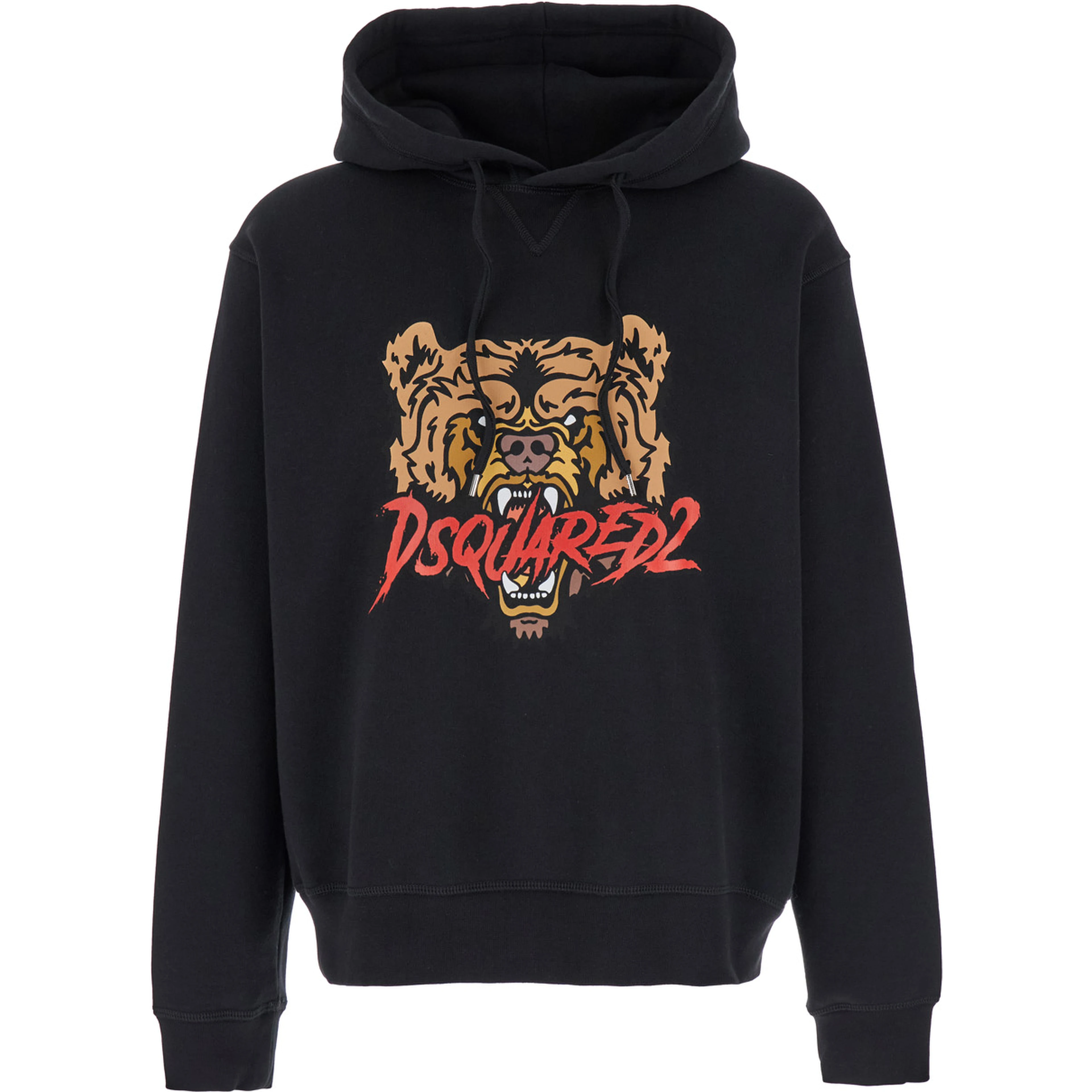 Black Hoodie with Drawstring Hood and Maxi Logo Print on the Front in Cotton Man