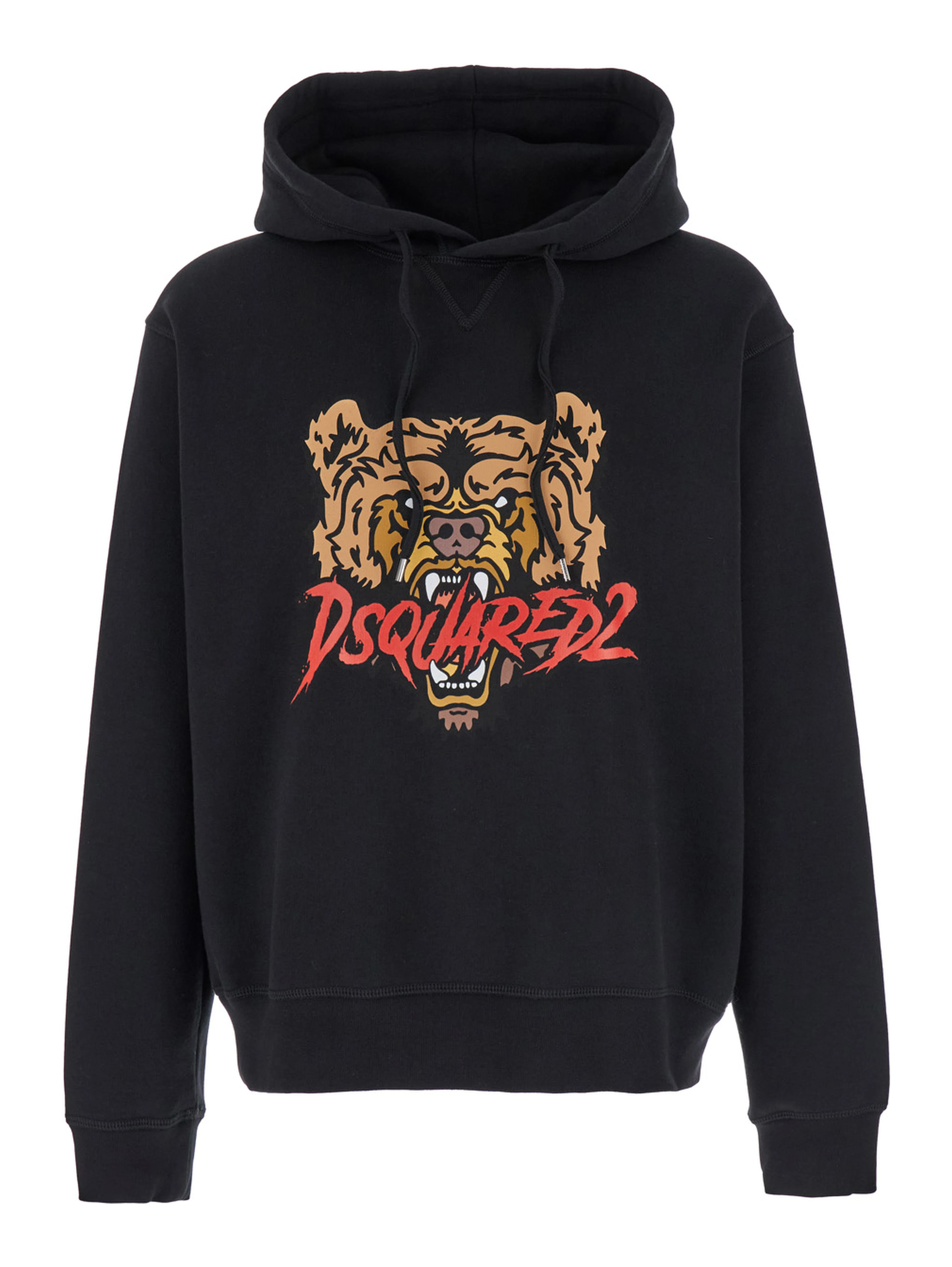 Black Hoodie with Drawstring Hood and Maxi Logo Print on the Front in Cotton Man