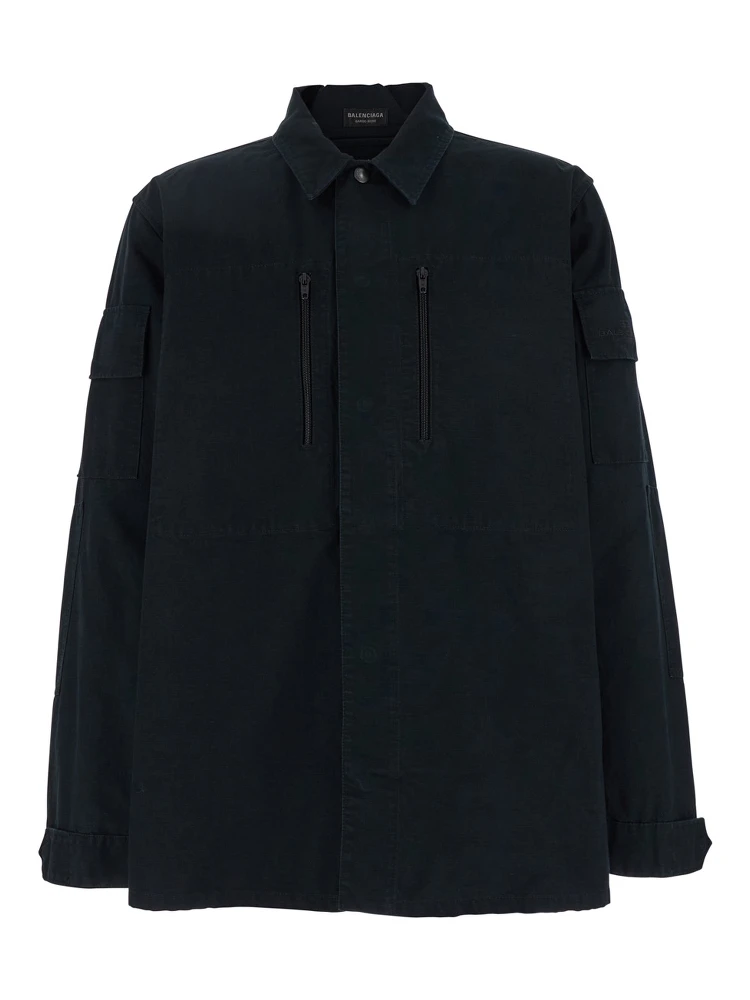 Dark Gray Shirt with Patched Chest Pockets in Ripstop Cotton Man