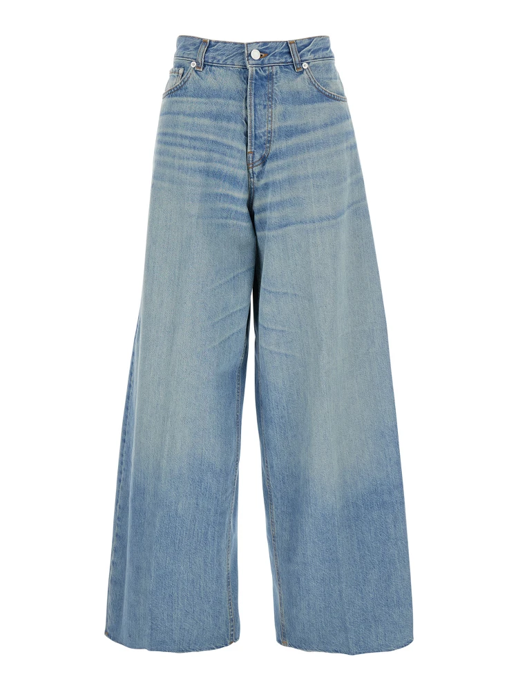 Blue Five Pocket Jeans with Logo Patch on the Back in Denim Woman