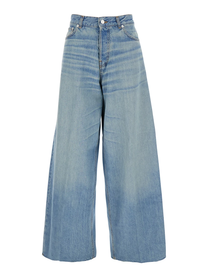 Blue Five Pocket Jeans with Logo Patch on the Back in Denim Woman