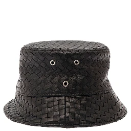 Black Bucket Hat with Metal Eyelets and Intreccio Motif in Leather Man