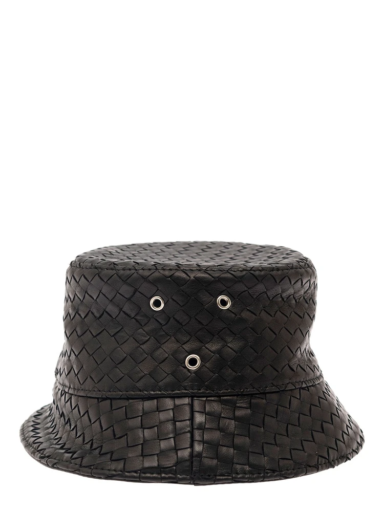 Black Bucket Hat with Metal Eyelets and Intreccio Motif in Leather Man