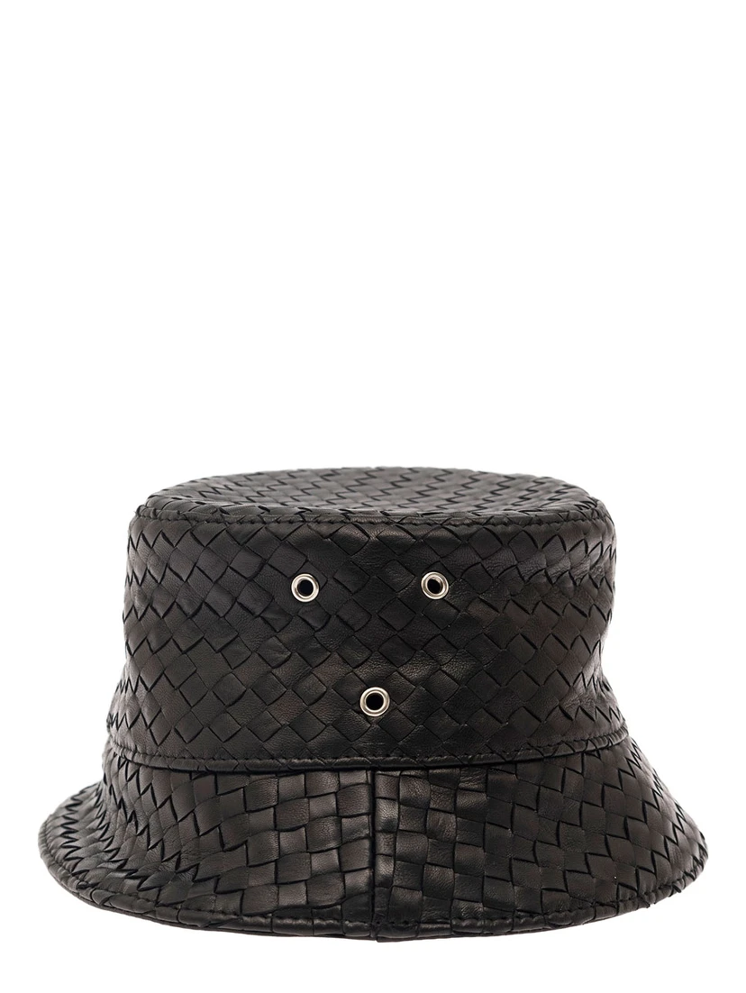Black Bucket Hat with Metal Eyelets and Intreccio Motif in Leather Man