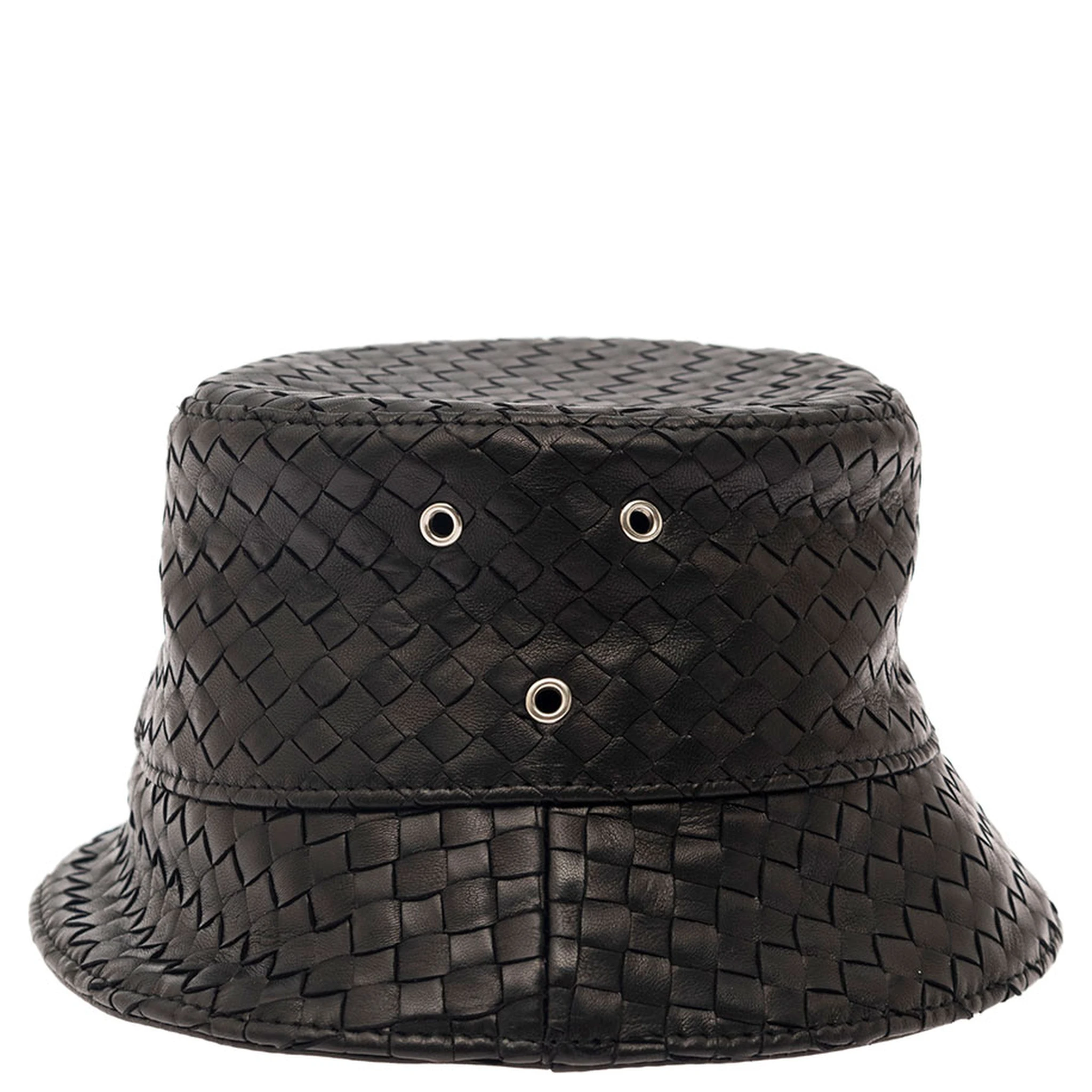 Black Bucket Hat with Metal Eyelets and Intreccio Motif in Leather Man