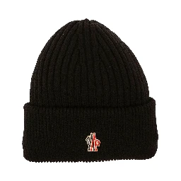 Black Ribbed Beanie with Logo Patch in Wool Man