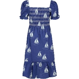 Blue Dress with Square Neckline and All-Over Boat Print in Cotton Girl