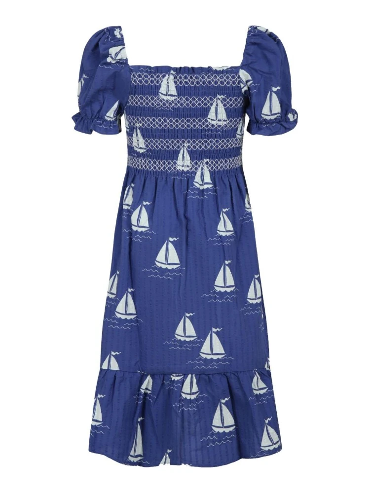 Blue Dress with Square Neckline and All-Over Boat Print in Cotton Girl alternative
