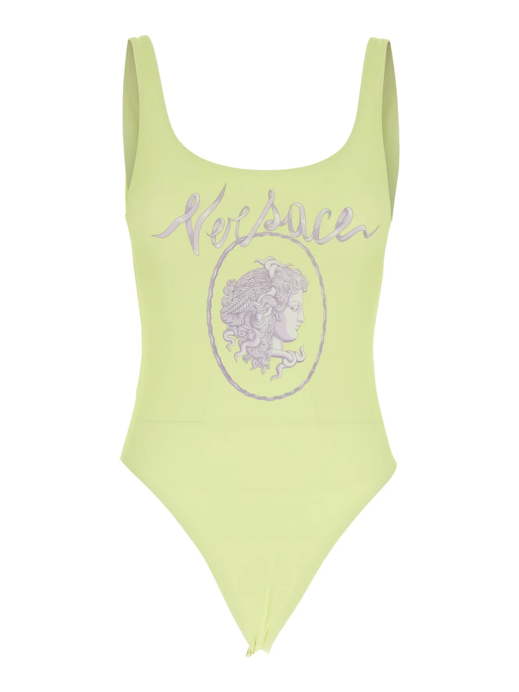 Yellow One-Piece Swimsuit with Medusa Print and Logo Lettering on the Front in Tech Fabric Woman