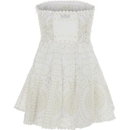 Clem White Dress with Flounce SKirt and All-Over Embroidery in Cotton and Linen Blend Woman
