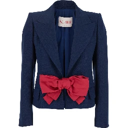 Blue Single-Breasted Jacket with Peak Revers and Bow on the Front in Viscose Woman