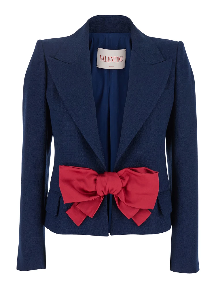 Blue Single-Breasted Jacket with Peak Revers and Bow on the Front in Viscose Woman