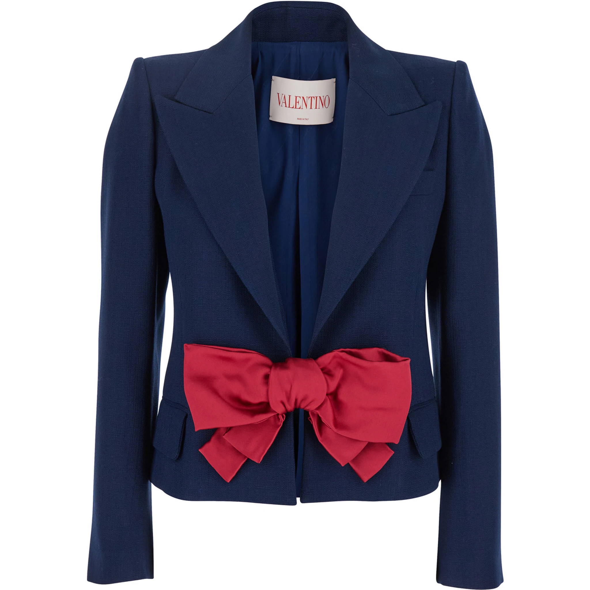 Blue Single-Breasted Jacket with Peak Revers and Bow on the Front in Viscose Woman