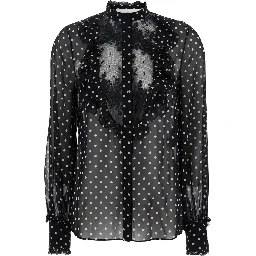 Black Crewneck Shirt with Floral Embroidery and All-Over Polka Dots Motif in Silk Woman