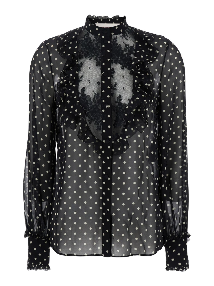 Black Crewneck Shirt with Floral Embroidery and All-Over Polka Dots Motif in Silk Woman