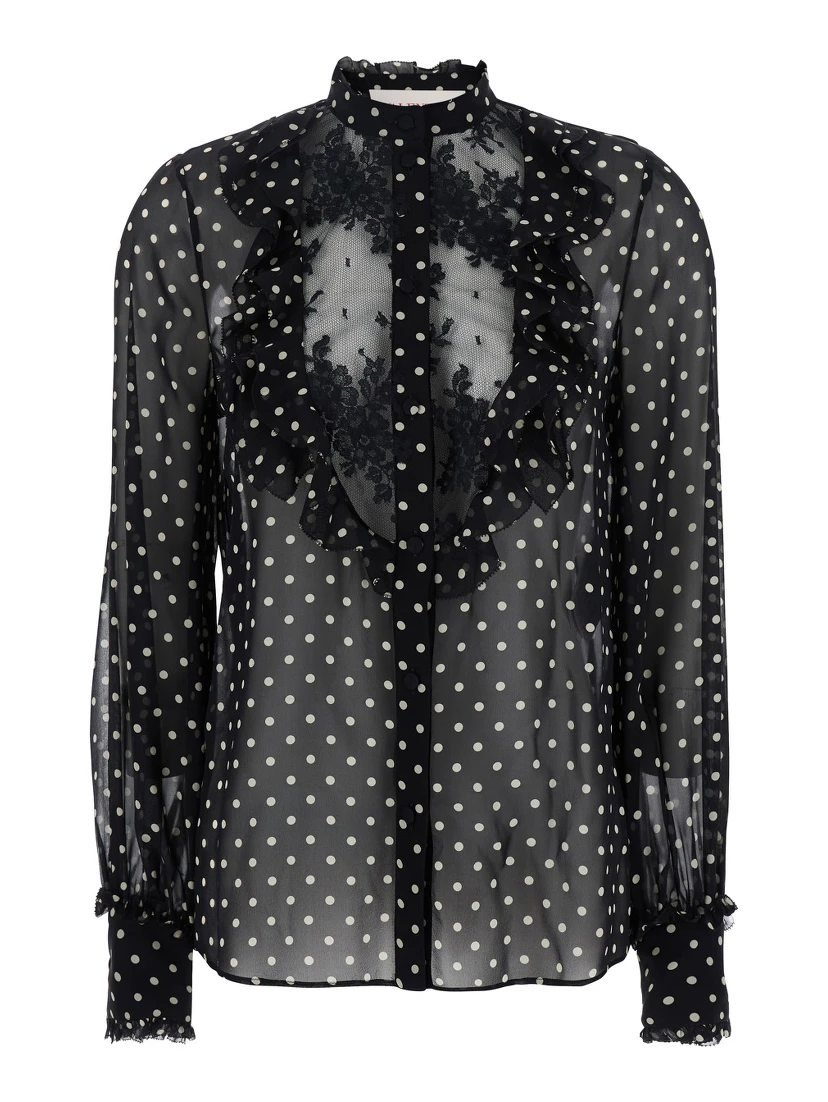 Black Crewneck Shirt with Floral Embroidery and All-Over Polka Dots Motif in Silk Woman