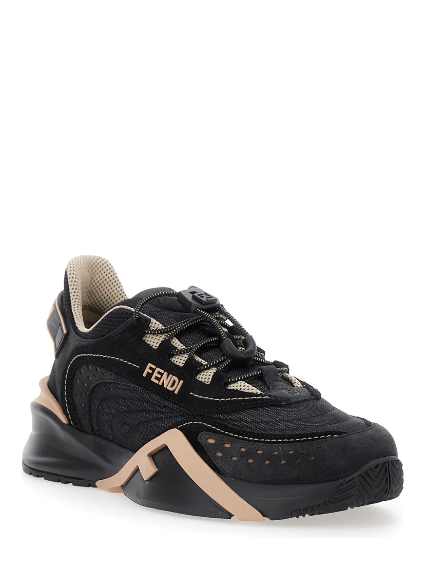 Fendi Flow Black Low Top Sneakers with Diagonal F Detail in Leather Woman